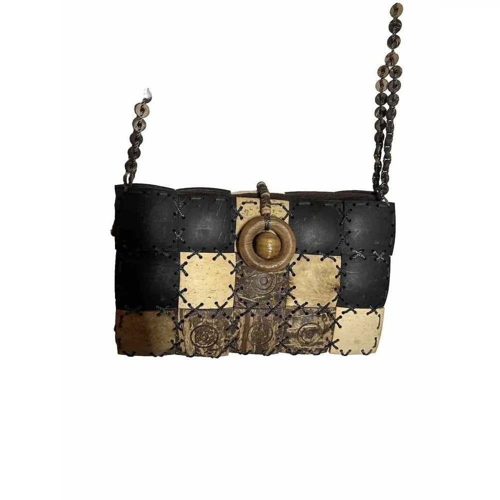 Patchwork Natural Beaded Coconut Crossbody Brown & Tan Mini Bag